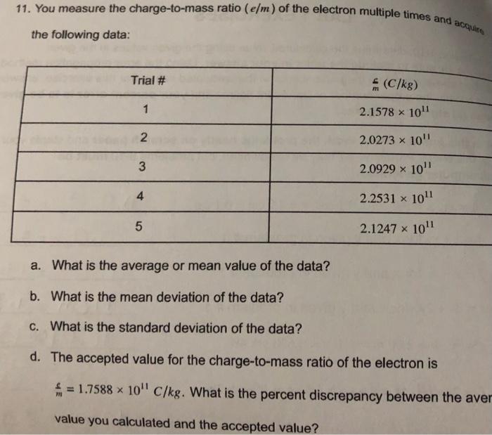 Solved 11 You Measure The Charge To Mass Ratio E M Of The