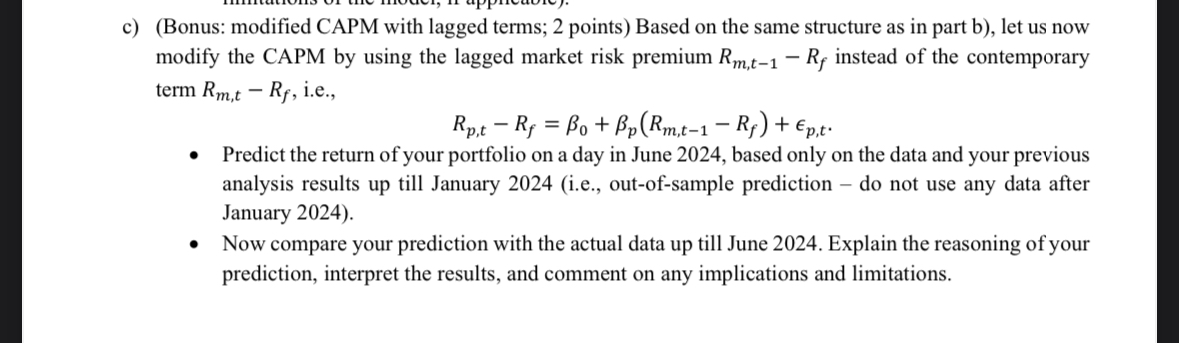 Solved by an EXPERT c) (Bonus: modified CAPM with lagged terms; 2 ...