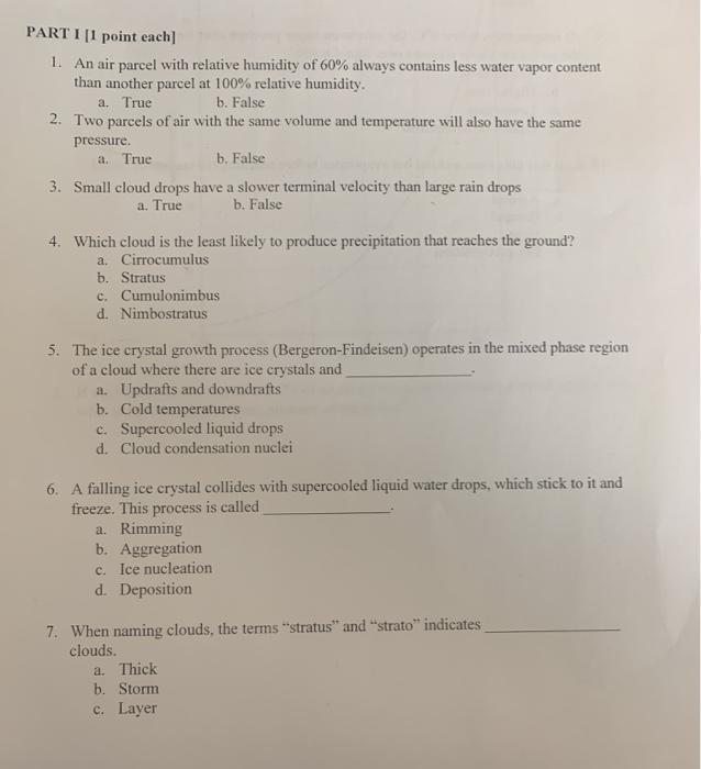 Solved PART I [1 point each] 1. An air parcel with relative | Chegg.com