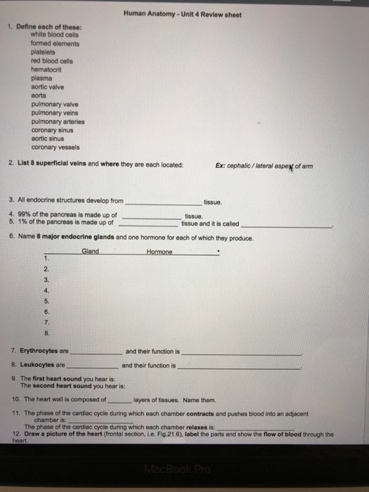 Solved Human Anatomy Unit 4 Review sheet 1. Define each of