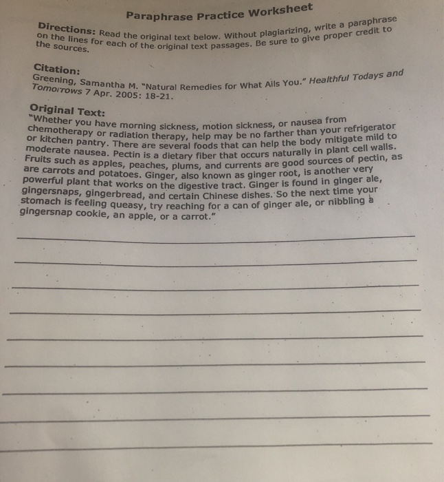 Solved Paraphrase Practice Worksheet Directions Read The Or Chegg