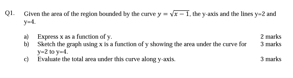 Solved Q1. Given the area of the region bounded by the curve | Chegg.com