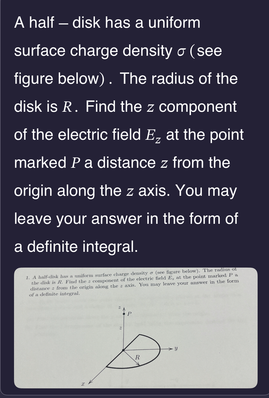 Solved A half - ﻿disk has a uniformsurface charge density | Chegg.com