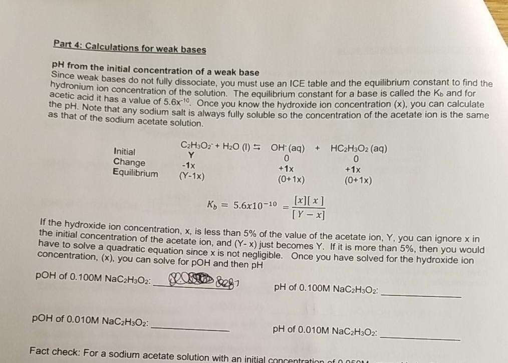 Solved Part 4: Calculations for weak bases pH from the | Chegg.com