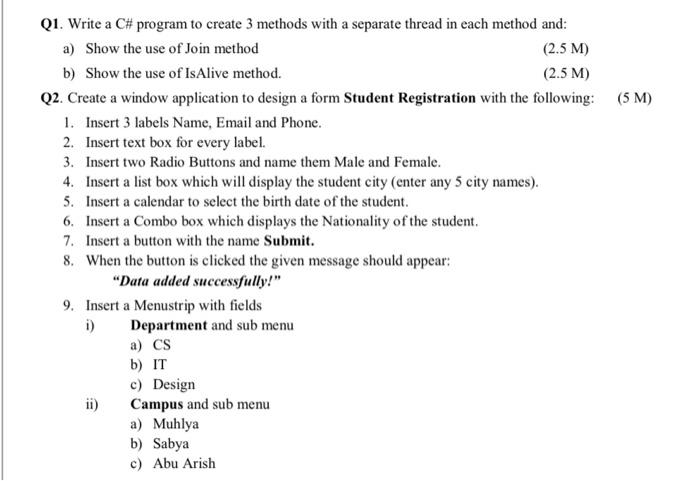 Q1. Write a C# program to create 3 methods with a | Chegg.com