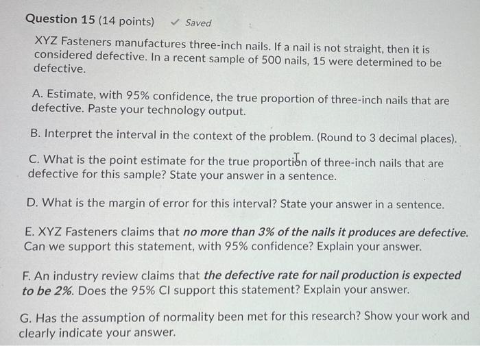 Solved Question 15 (14 points) Saved XYZ Fasteners