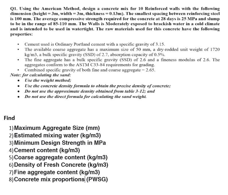 Solved Q1. Using the American Method, design a concrete mix | Chegg.com