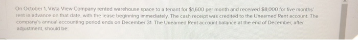 Solved On October 1, Vista View Company rented warehouse | Chegg.com