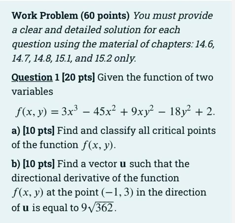 Solved Work Problem (60 points) You must provide a clear and | Chegg.com