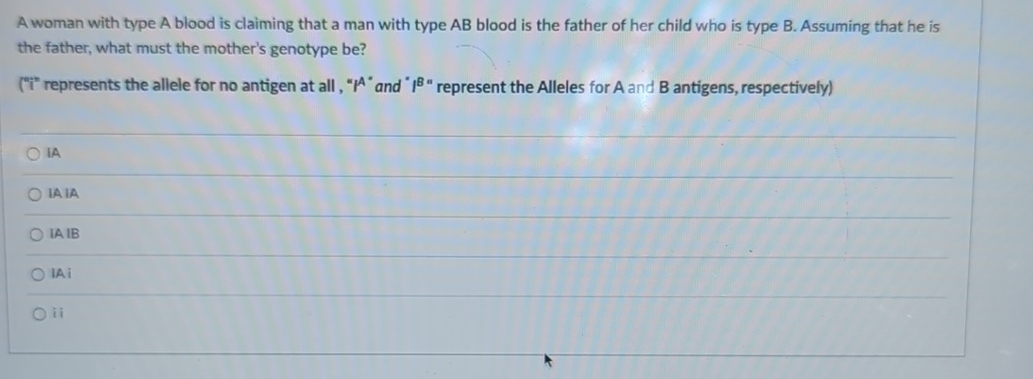 Solved A woman with type A blood is claiming that a man with | Chegg.com