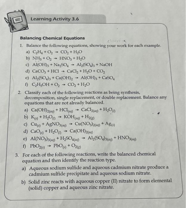 Solved Balancing Chemical Equations 1. Balance the following