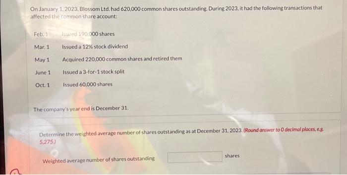 Solved On January 1, 2023, Blossom Ltd. had 620,000 common Solved On January 1, 2023, Blossom Ltd. had 620,000 common