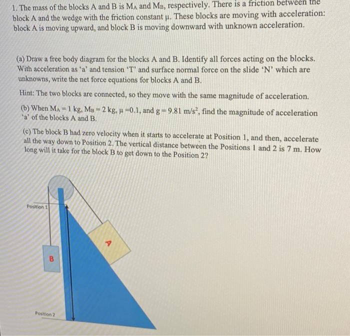 Solved 1. The mass of the blocks A and B is MA and Me, | Chegg.com