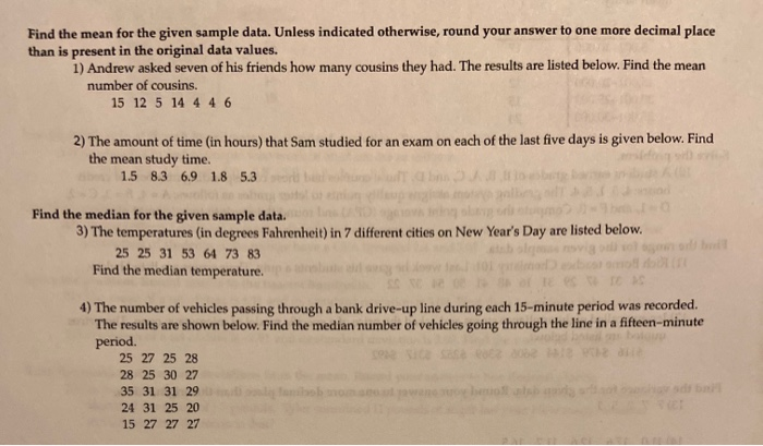 Solved Find the mean for the given sample data. Unless | Chegg.com