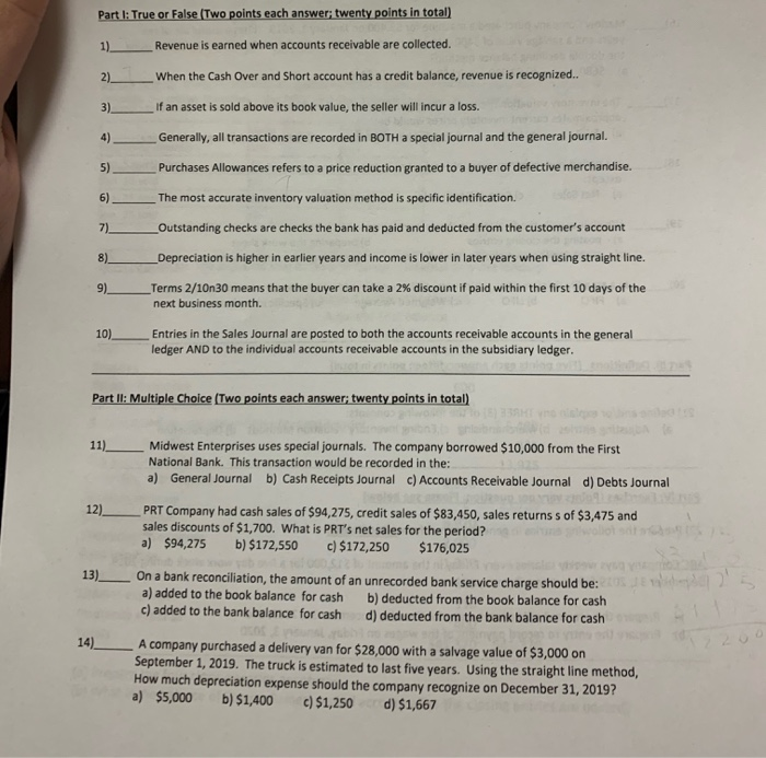 Solved Part 1: True or False (Two points each answer; twenty | Chegg.com