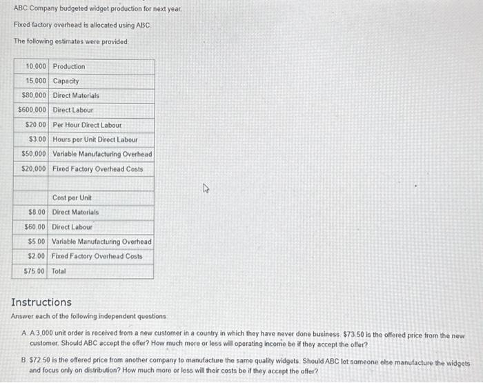 Solved ABC Company budgeted widget production for next year.