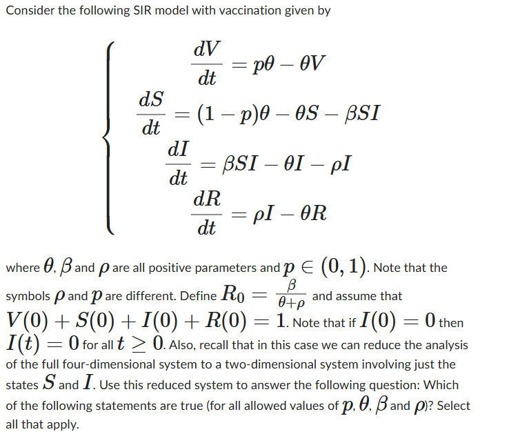 Sir Model Math Consider the following SIR model with vaccination | Chegg.com