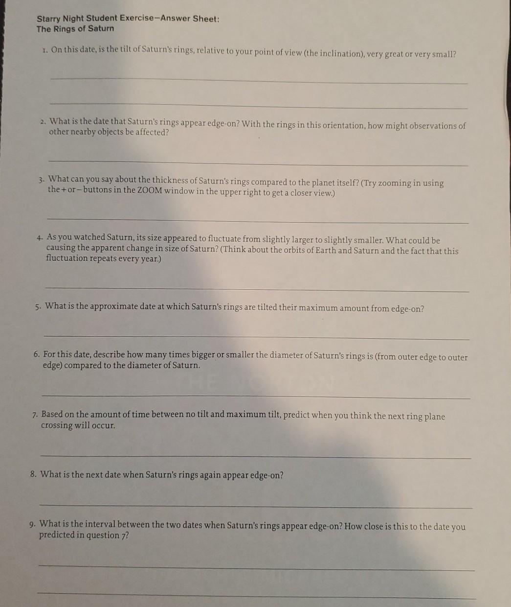 Solved Starry Night Student ExerciseAnswer Sheet The Rings