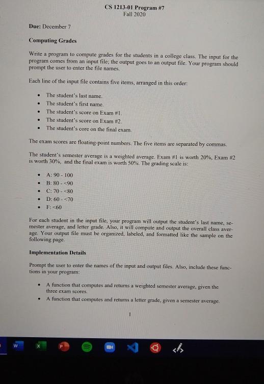 Solved CS 1213-01 Program #7 Fall 2020 Due: December 7 | Chegg.com