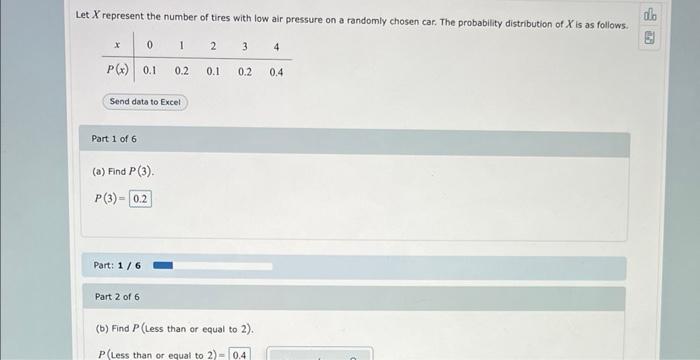 Let \( X \) represent the number of tires with low air pressure on a randomly chosen car. The probability distribution of \( 