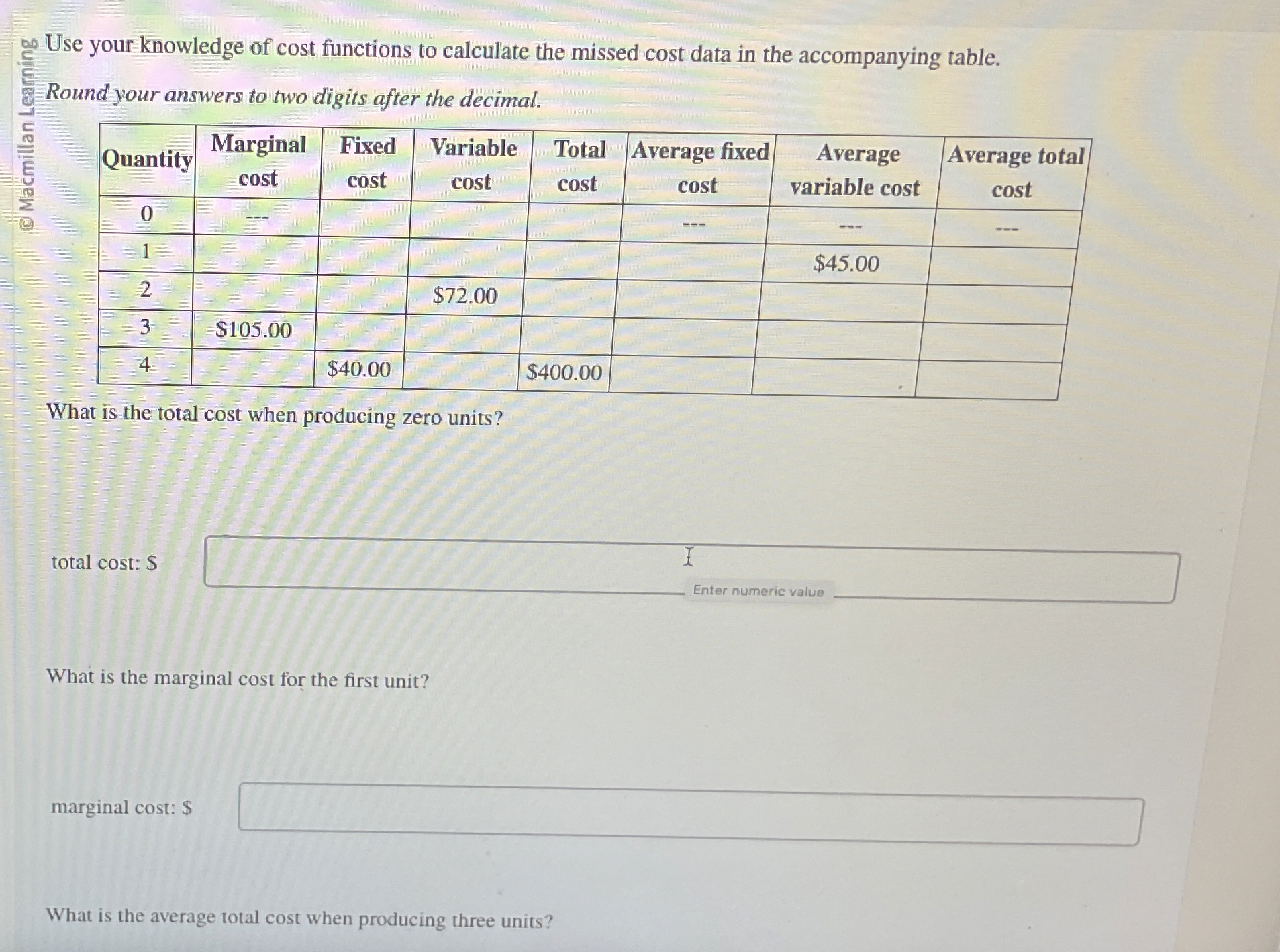 Solved Use your knowledge of cost functions to calculate the | Chegg.com