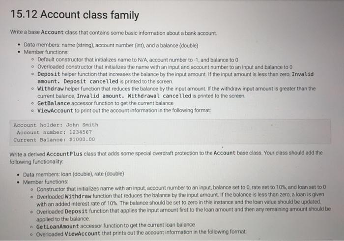 Solved 15.12 Account class family Write a base Account class | Chegg.com