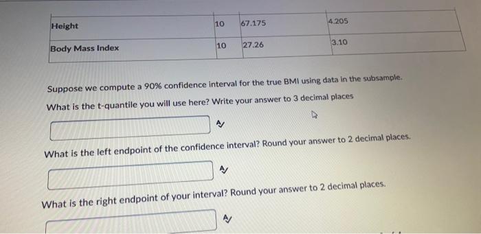 Suppose we compute a \( 90 \% \) confidence interval for the true BMI using data in the subsample. What is the t-quantile you