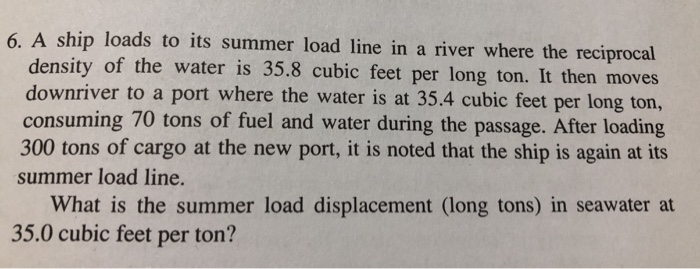 Solved 6. A ship loads to its summer load line in a river | Chegg.com