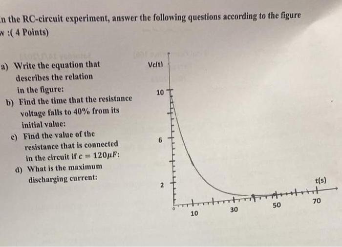 n the RC-circuit experiment, answer the following questions according to the figure \( N:(4 \) Points)
a) Write the equation 