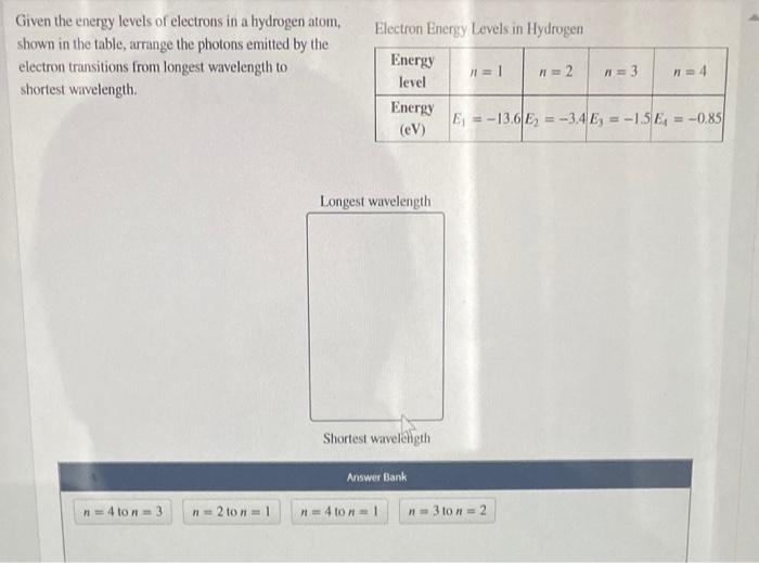 Solved Given the energy levels of electrons in a hydrogen | Chegg.com