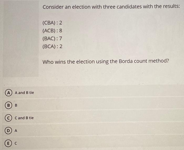 Solved Consider An Election With Three Candidates With The | Chegg.com