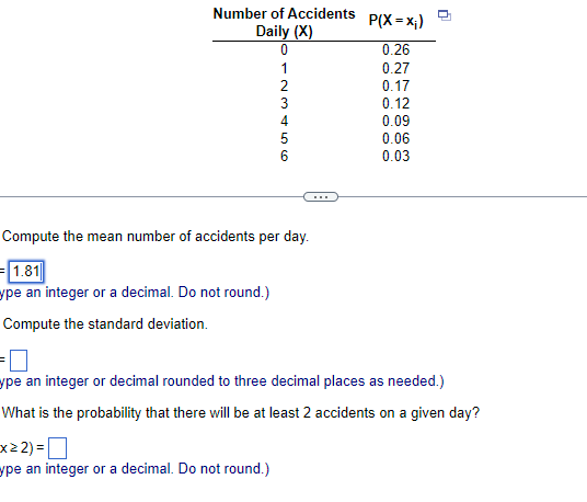 Solved Compute the mean number of accidents per day.ype an | Chegg.com