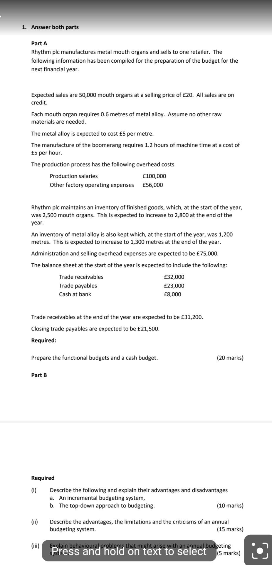 Solved Part A Rhythm plc manufactures metal mouth organs and