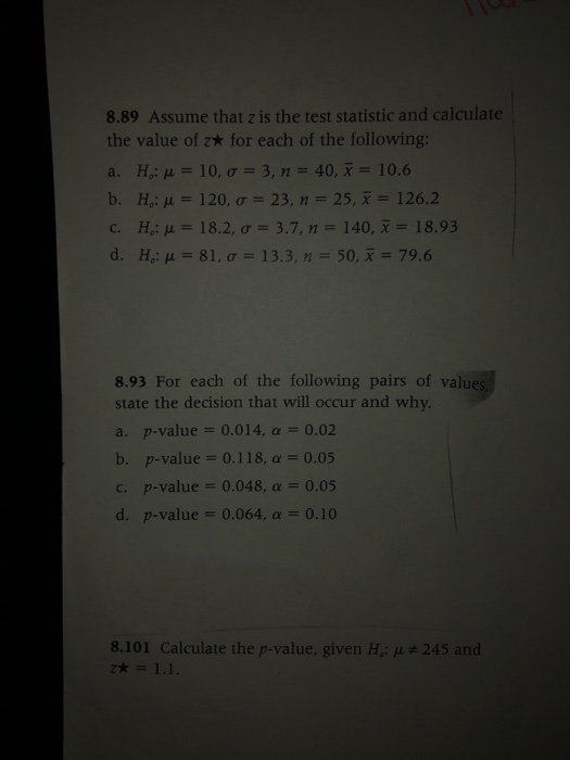 Solved 8.89 Assume that z is the test statistic and | Chegg.com