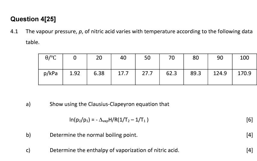 Solved 4.1 The vapour pressure, p, of nitric acid varies | Chegg.com