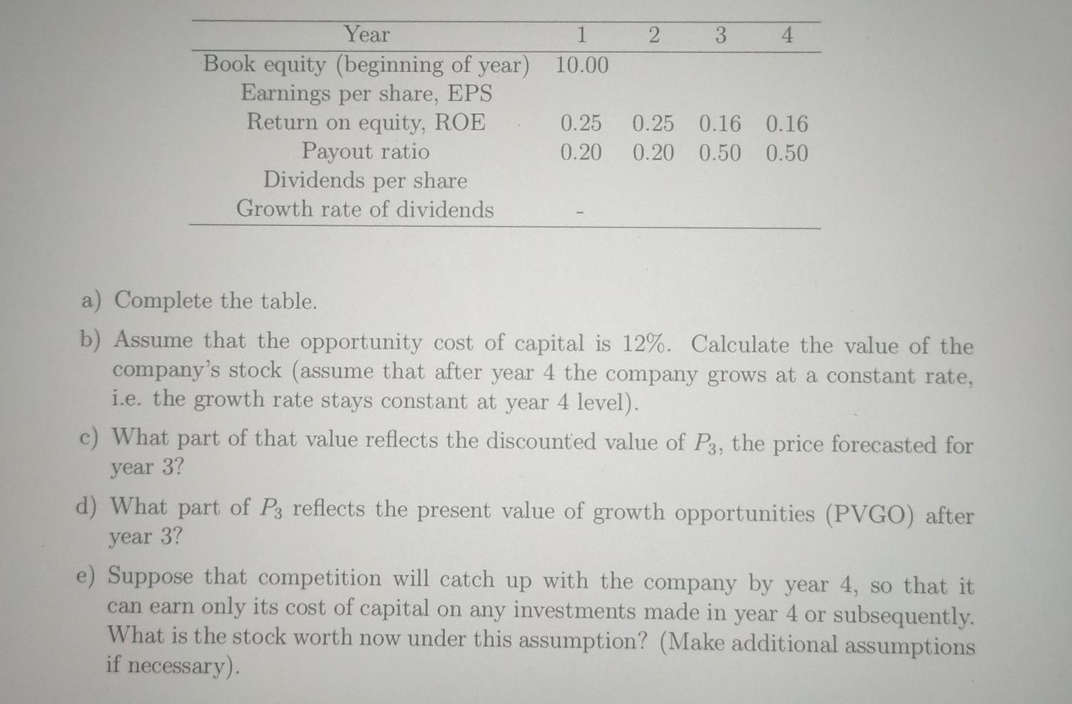 Solved Year 1 2 3 Book equity (beginning of year) 10.00 | Chegg.com