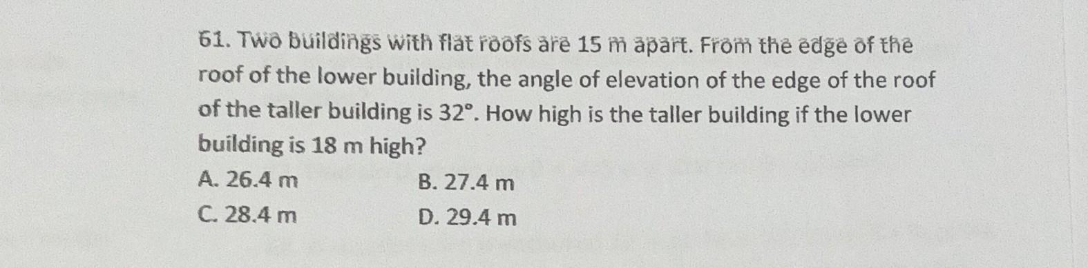 Solved 61. Two Buildings with flat roofs are 15 m apart. | Chegg.com