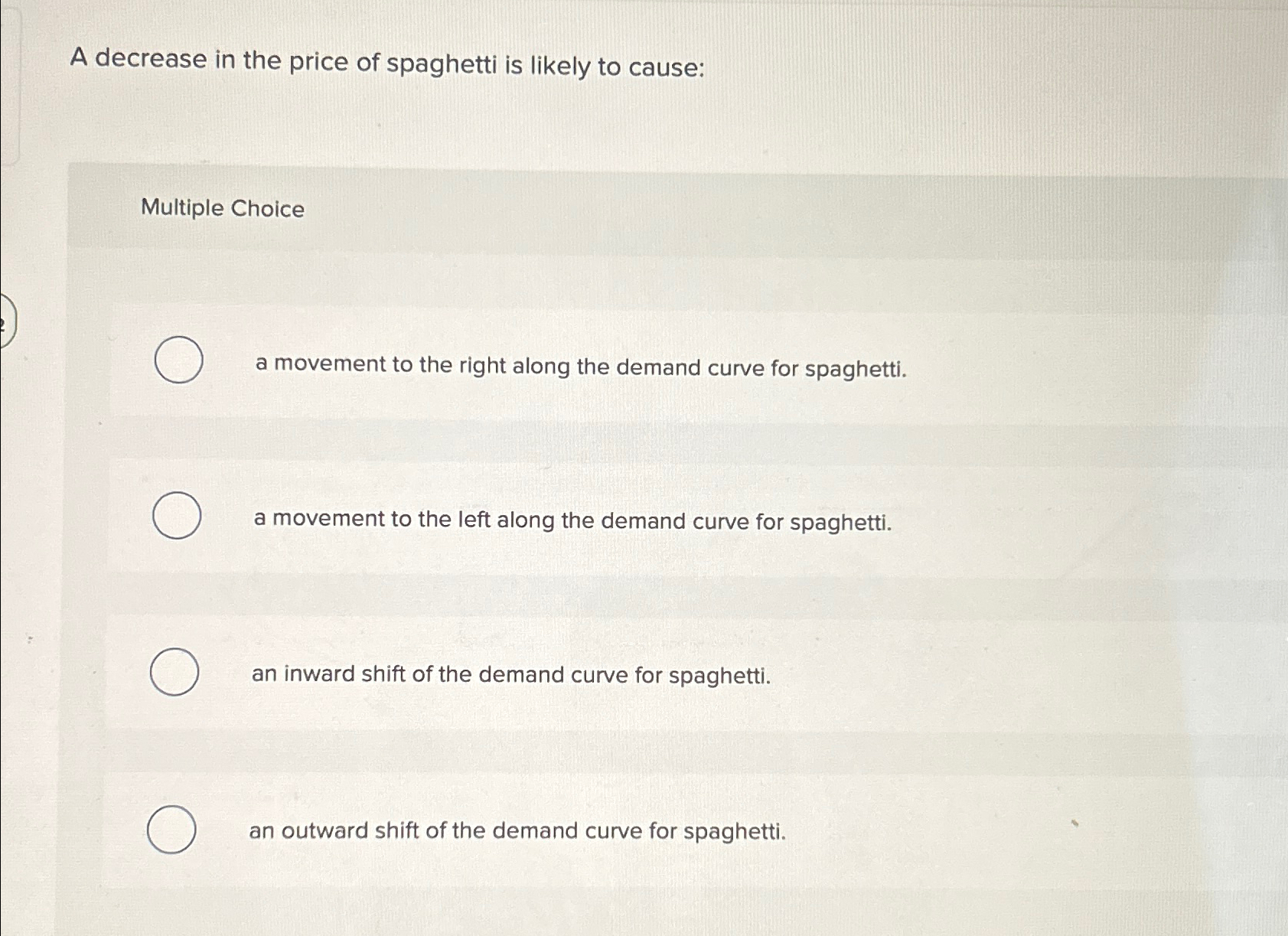 Solved A decrease in the price of spaghetti is likely to | Chegg.com