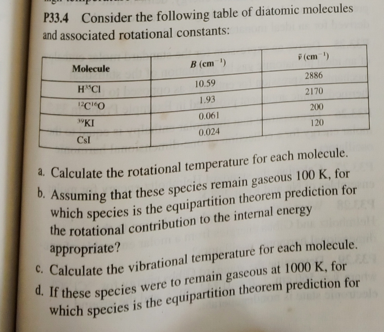 Solved P33.4 ﻿Consider The Following Table Of Diatomic | Chegg.com