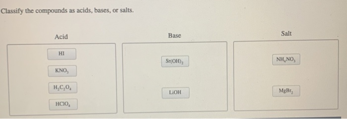 Solved Classify The Compounds As Acids Bases Or Salts Chegg Com