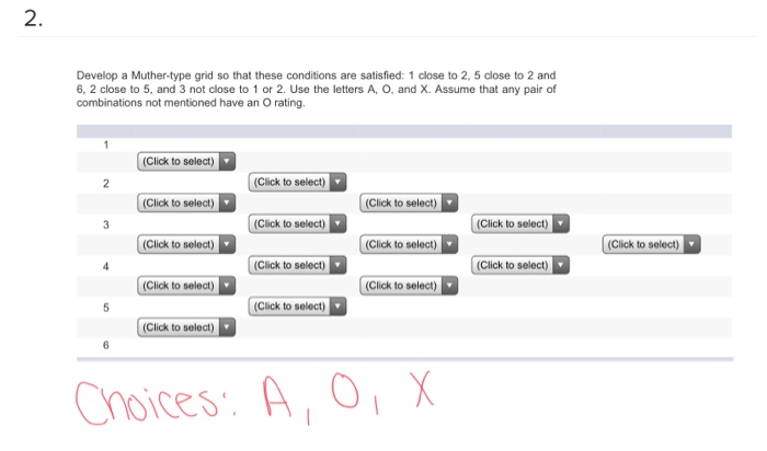 2. develop a muther-type grid so that these conditions are satisfied: 1 close to 2, 5 close to 2 and 6, 2 close to 5, and 3 n