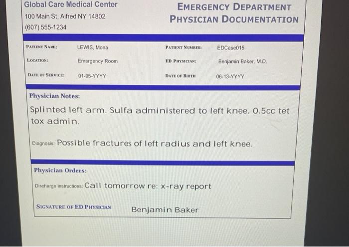 Global Care Medical Center 100 Main St, Alfred NY 14802 (607)555-1234 EMERGENCY DEPARTMENT PHYSICIAN DOCUMENTATION PATIENT NA