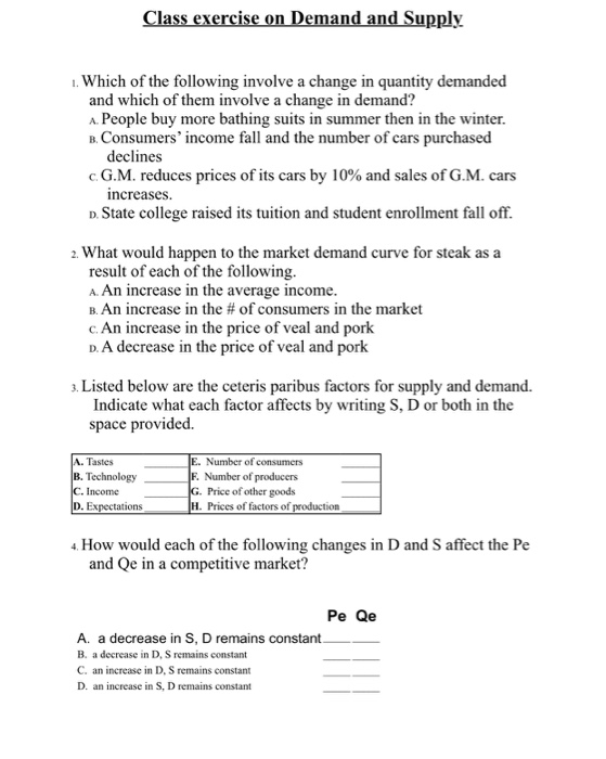 Solved Class exercise on Demand and Supply 1. Which of the | Chegg.com
