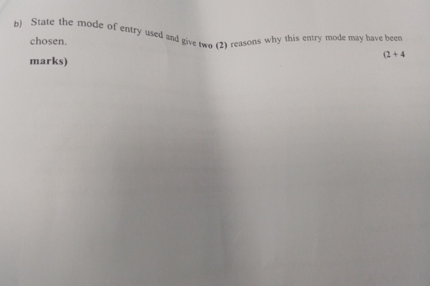 Solved b) ﻿State the mode of entry used and give two (2) | Chegg.com