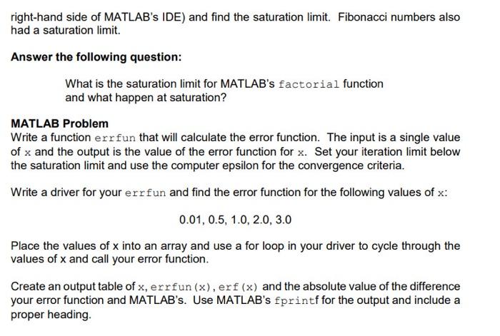 Solved Reading: MATLAB help files for factorial and erf. The | Chegg.com