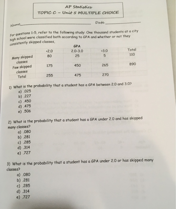 Solved AP Statistics TOPIC C Unit s MULTIPLE CHOICE Date | Chegg.com