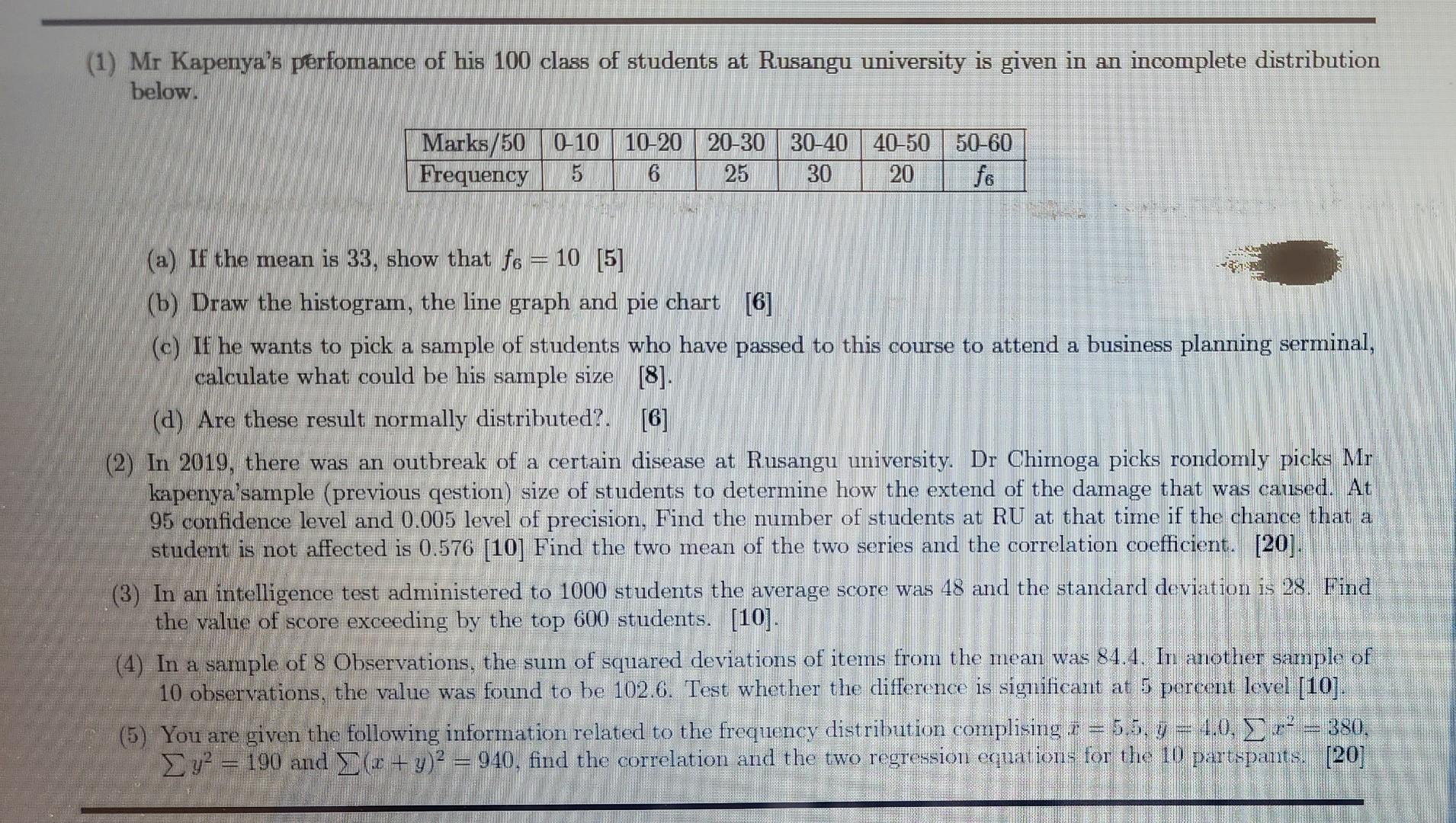 (1) Mr Kapenyas perfomance of his 100 class of students at Rusangu university is given in an incomplete distribution below.
