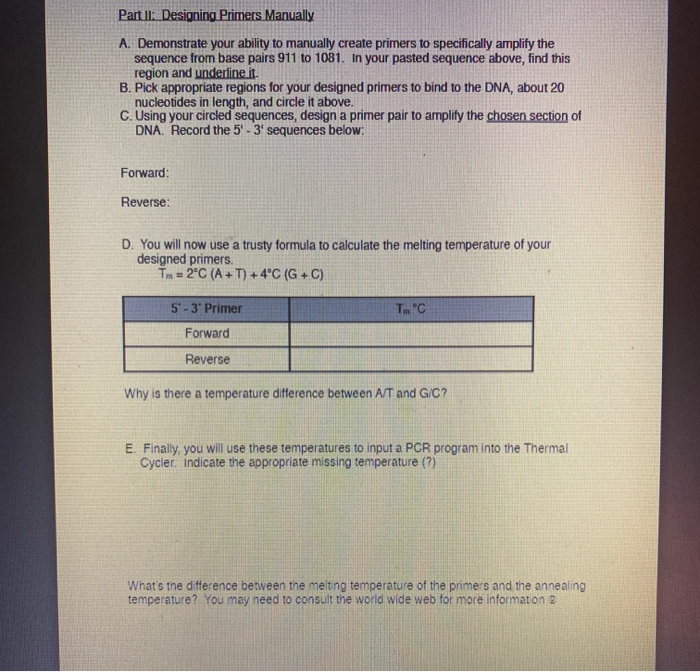 Solved Part 1 Designing Primers Manually A. Demonstrate