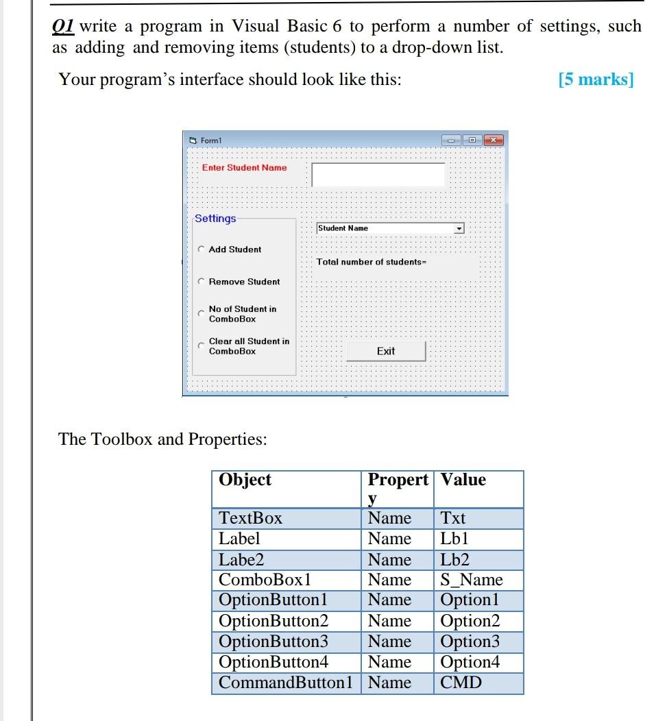 Solved Q1 write a program in Visual Basic 6 to perform a | Chegg.com