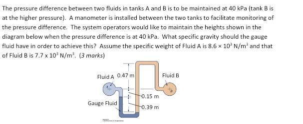 Solved The pressure difference between two fluids in tanks A | Chegg.com